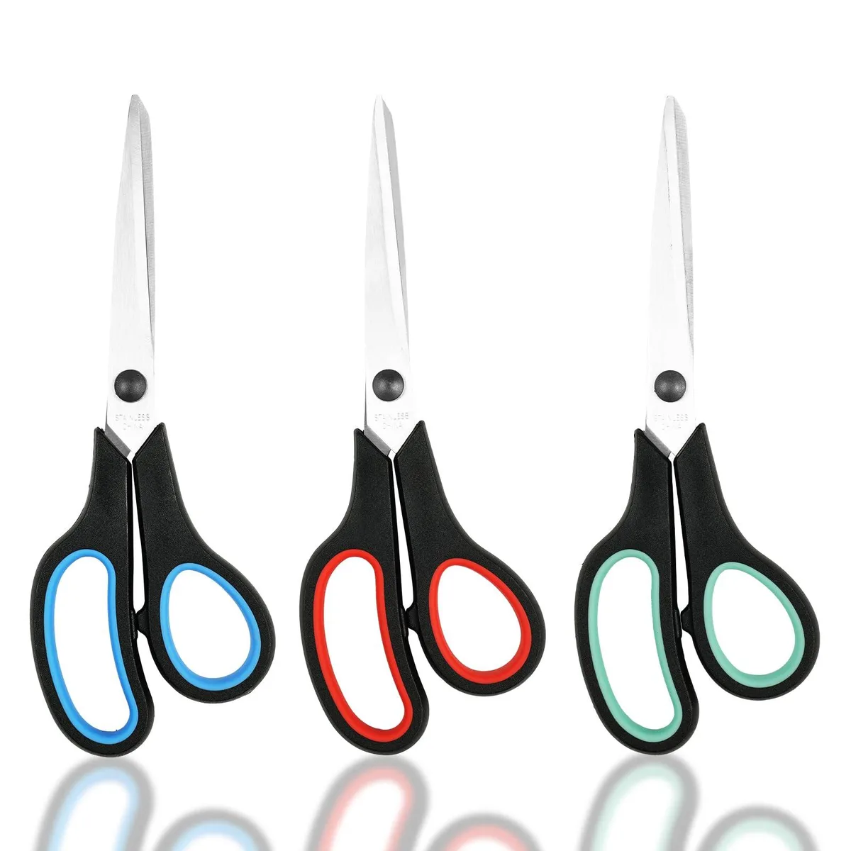 Three 8-inch stainless-steel scissors with red, green and blue soft-grip handles