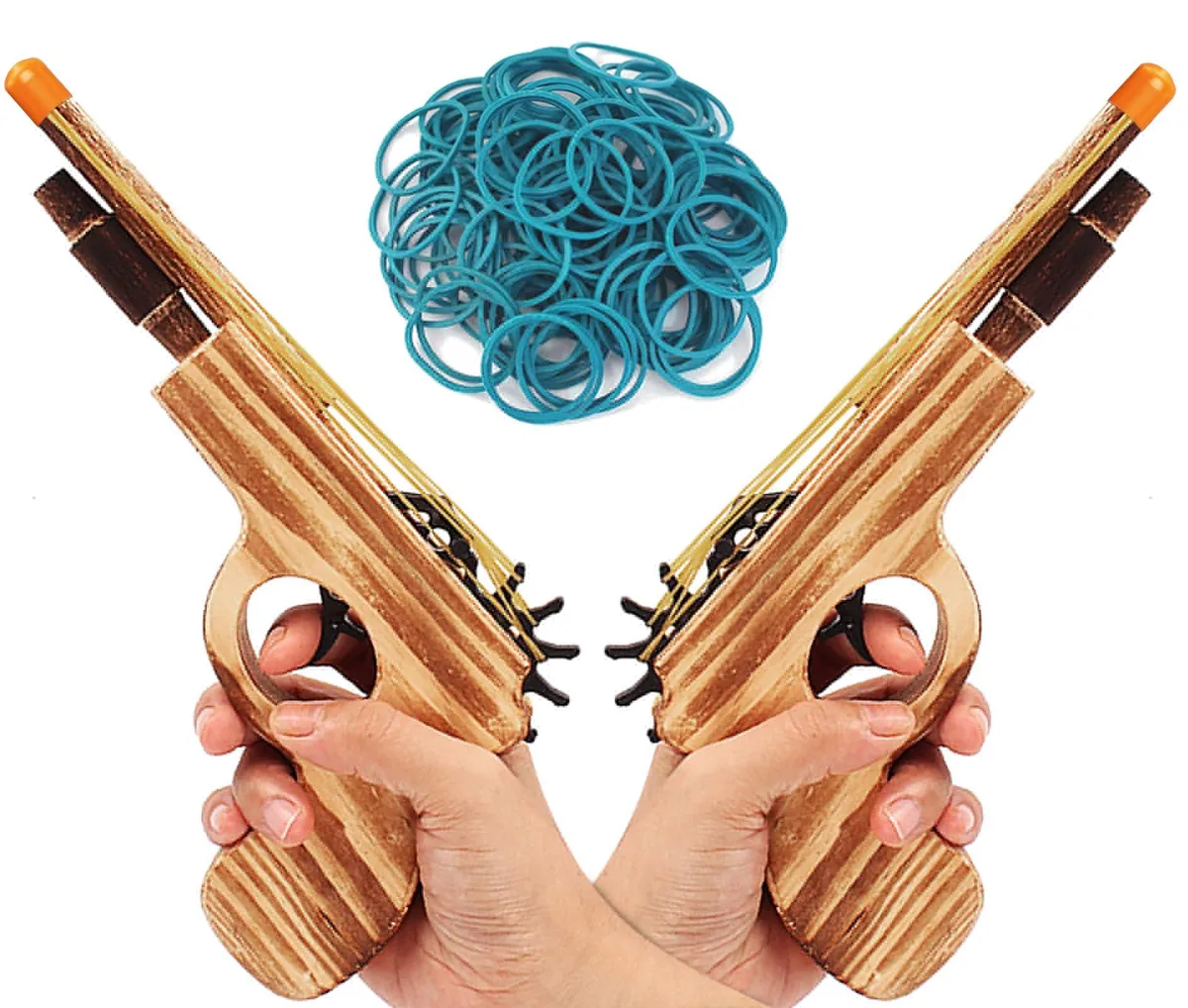 2 Pcs Wooden Rubber Band Gun 9 Inches Handmade Outdoor Toy — product photo