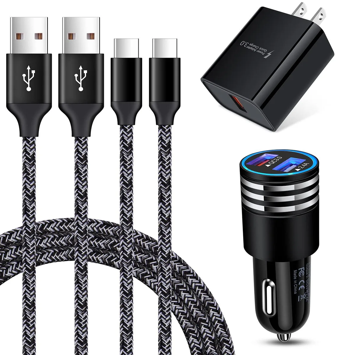 ANDHOT Quick Charge 3.0 wall charger, dual-port car charger and six-foot USB-C cable set