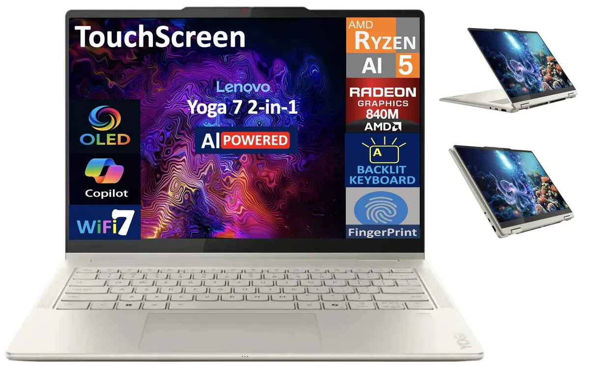 Lenovo Lenovo Yoga AI Powered 2-in-1 laptop 14.0" OLED WUXGA Ryzen AI 5 340 16GB LPDDR5X 2TB Seashell Win 11 Pro — product photo