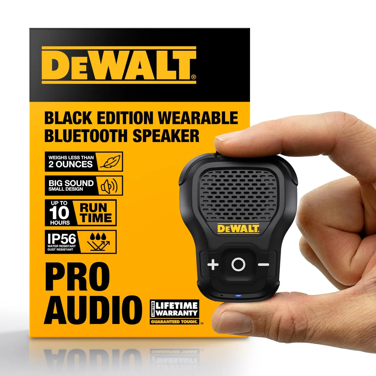 Small black rectangular wearable speaker with clip and large buttons