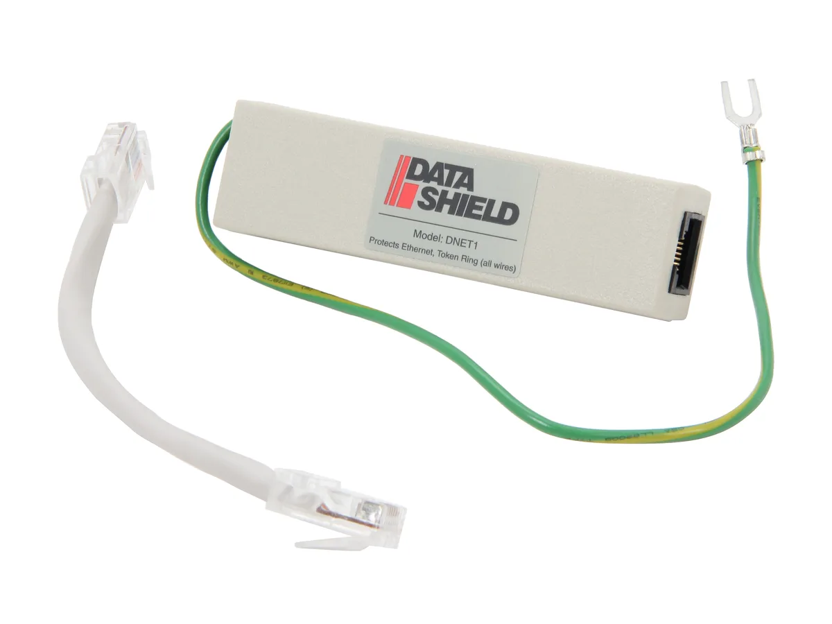 Black RJ45 surge suppressor with input and output ports