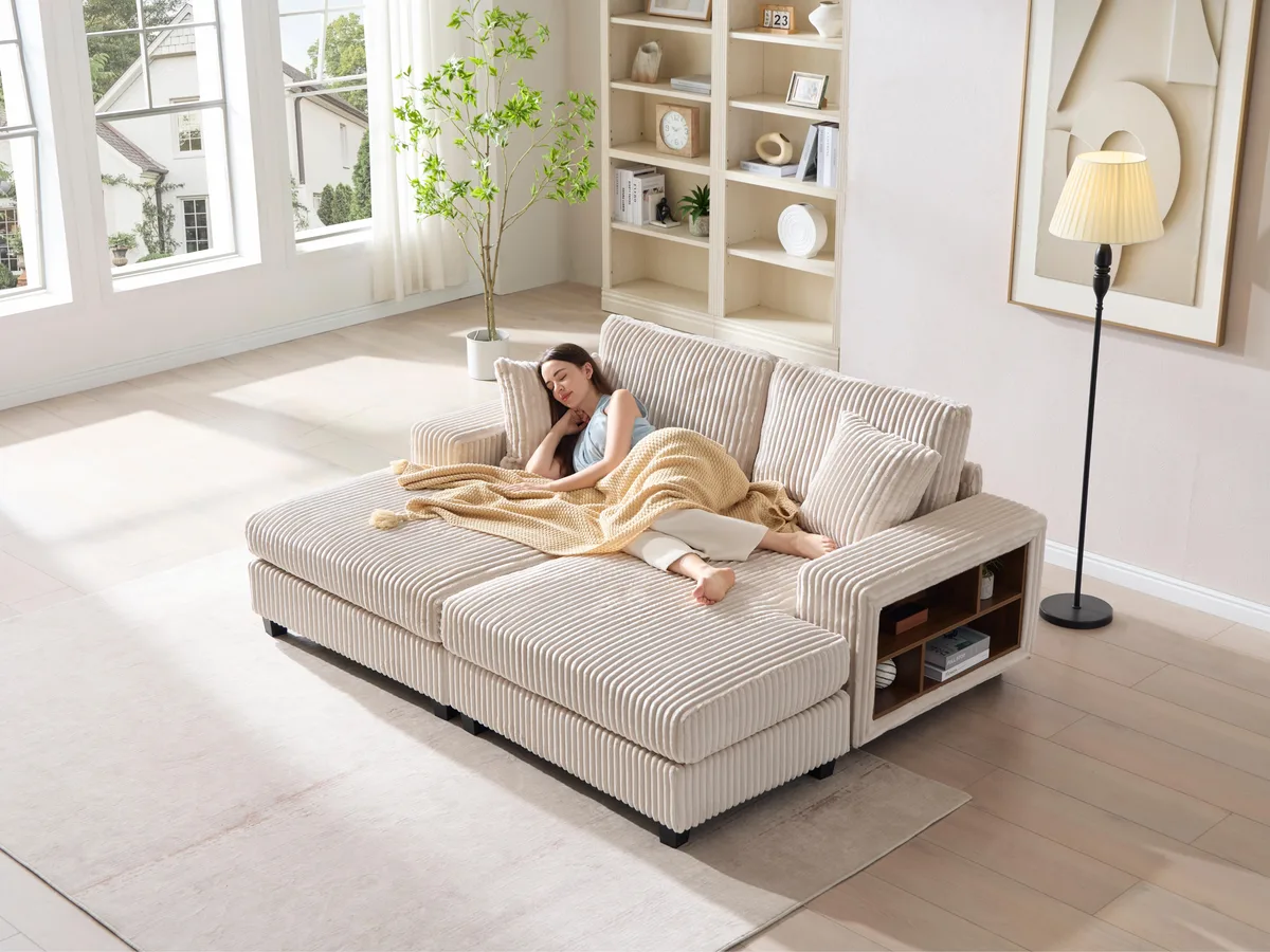 Beige corduroy convertible combination sofa with oversized cushions and wooden frame