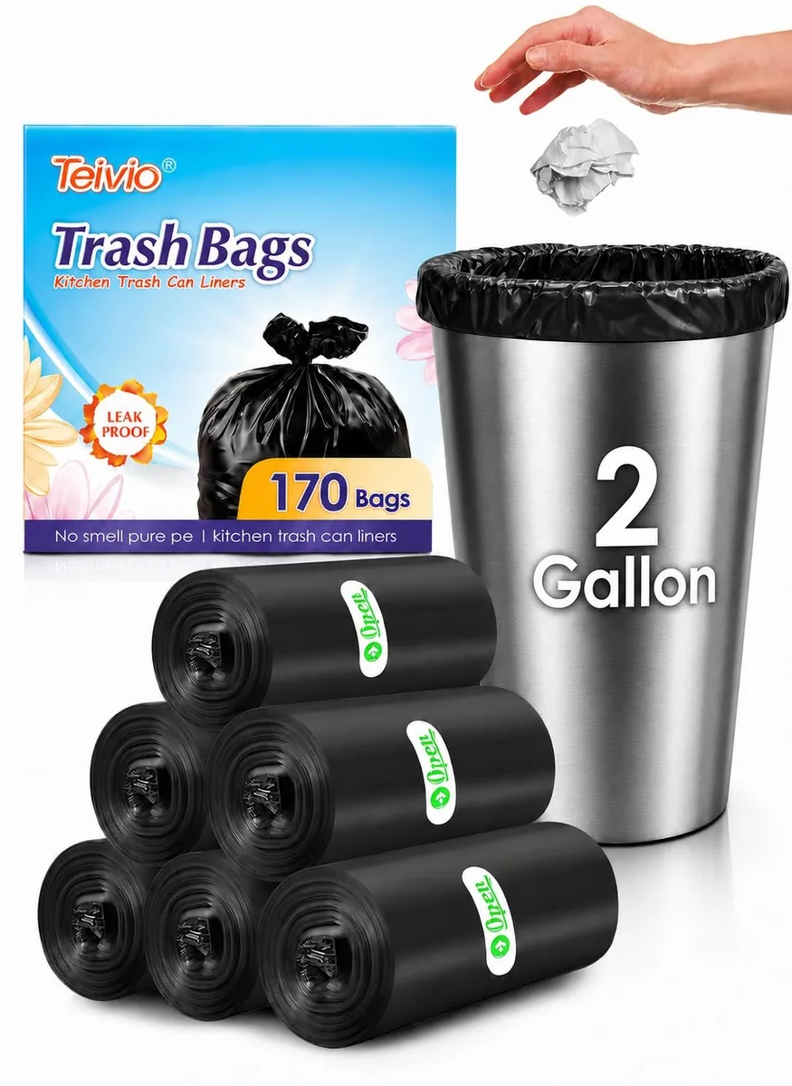 Pack of 170 black plastic garbage bags, 2 gallon capacity