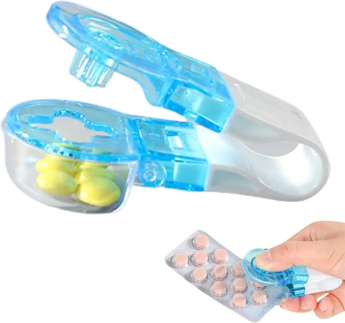 Small blue rectangular pill opener with storage compartment, smooth matte finish, compact size