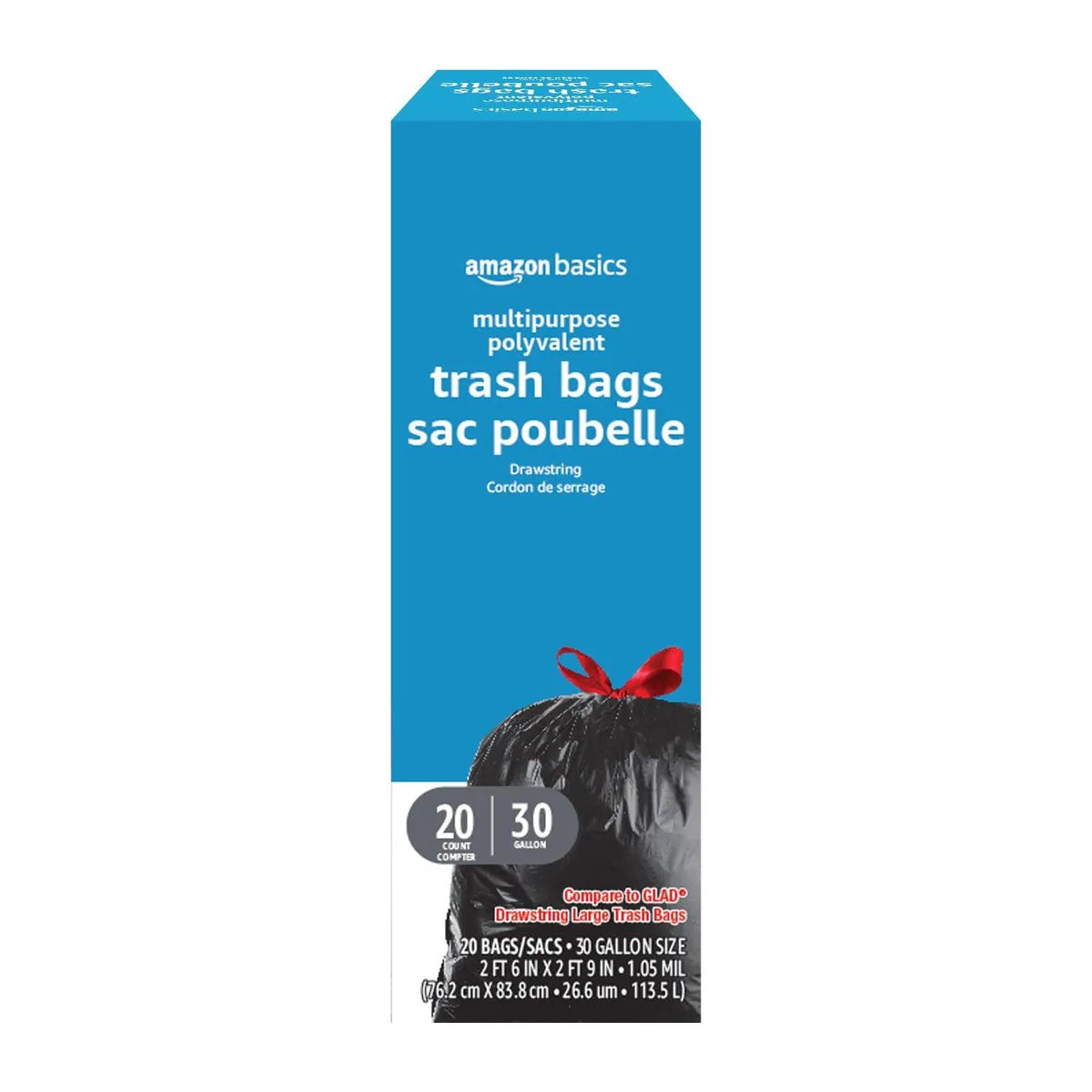 Black drawstring trash bags, 30 gallon, 20 count, red closure