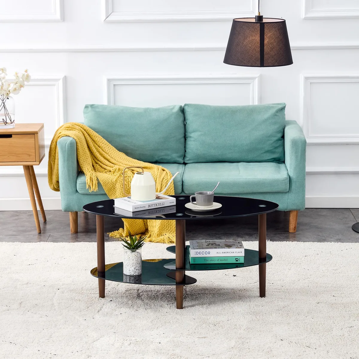 tuphen tuphen 3-layer oval glass coffee table oak legs 35.44" x 19.7" x 17.72" 220lbs — product photo