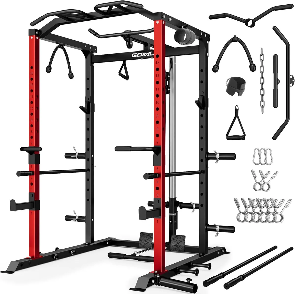 Silver alloy steel power cage frame with lat pulldown attachment and J-hooks
