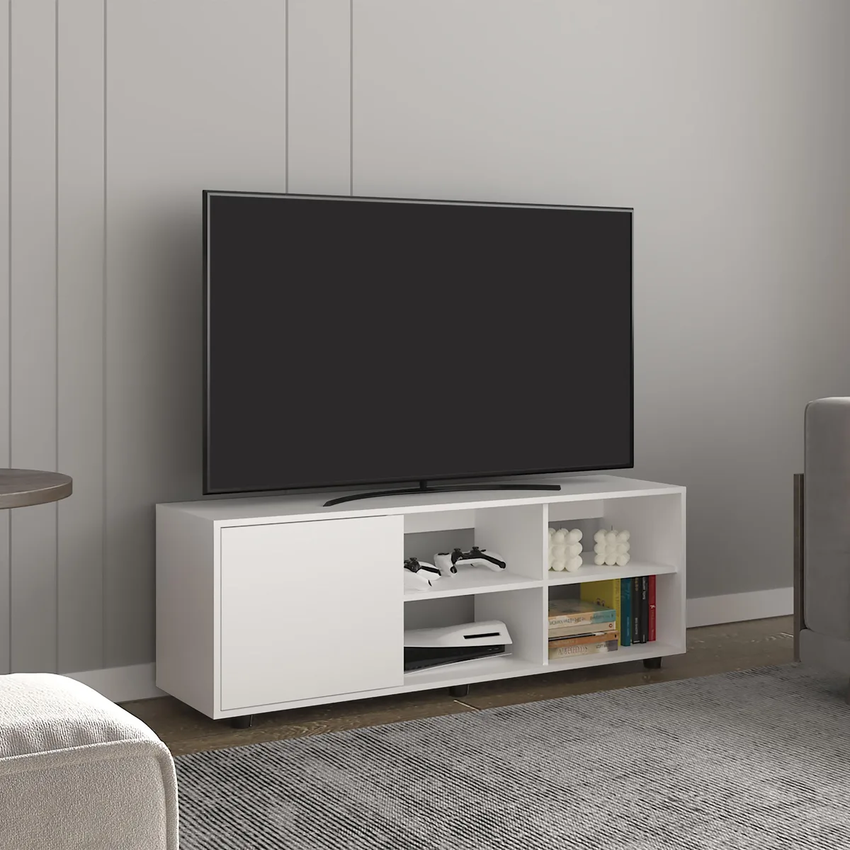 tuphen tuphen Adel 51" TV Stand White 51.2"W 13.7"D 18.4"H One Door Four Shelves Cable Management — product photo