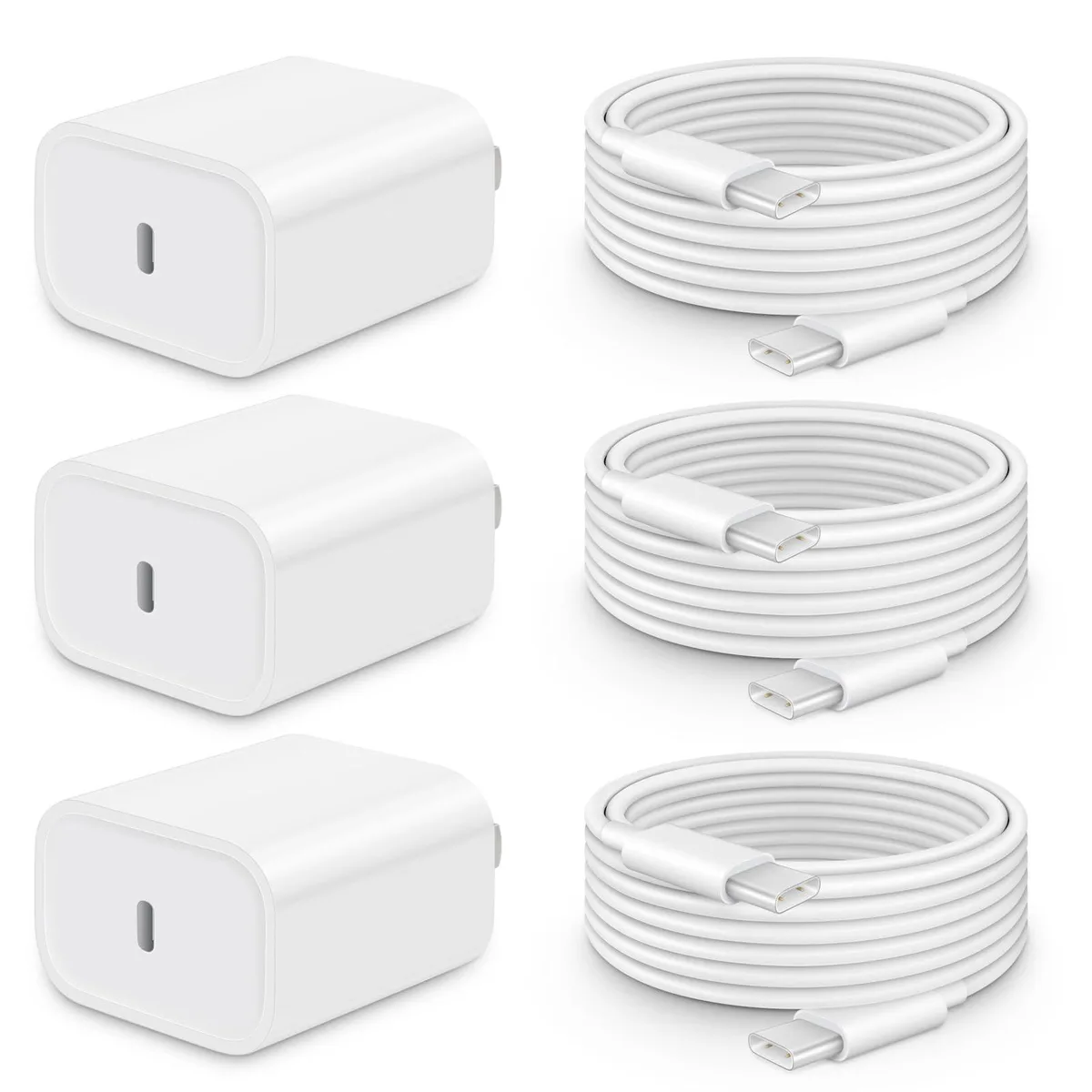 Three white USB-C wall chargers and three matching cables on a plain surface