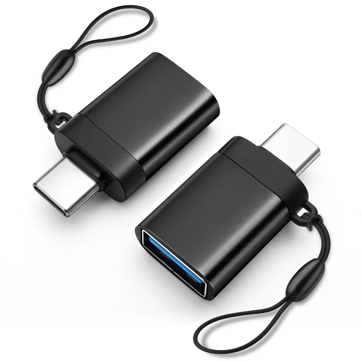 Two small black metal USB-C to USB-A adapters with short lanyards