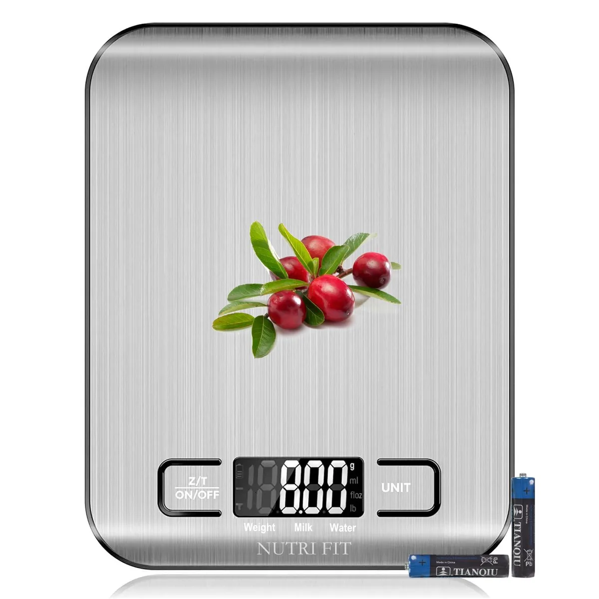 Grey digital kitchen scale with stainless steel platform and backlit LCD display