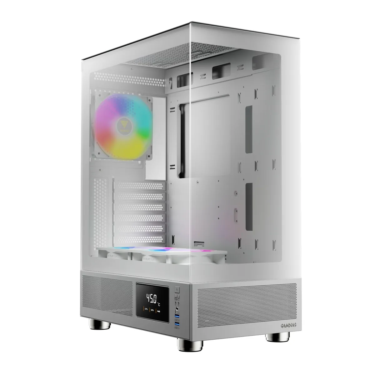 GAMDIAS Technology GAMDIAS Technology ATLAS E1 WHITE PC case with front LCD display, 3x 120mm ARGB fans, tempered glass — product photo