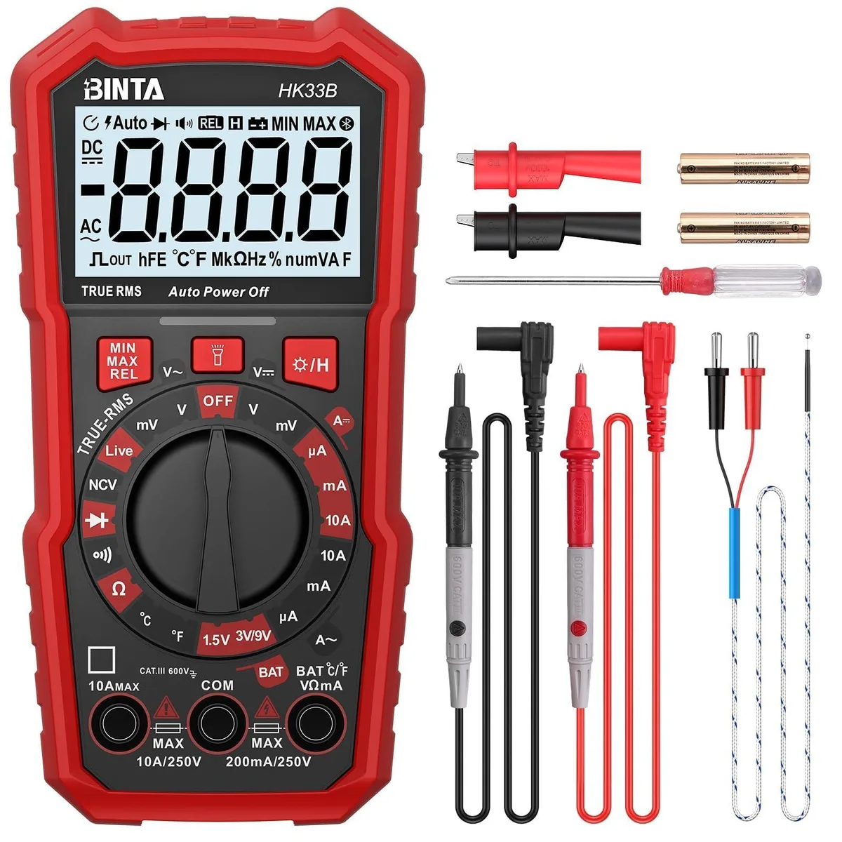 Handheld yellow digital multimeter with backlit LCD screen and test leads