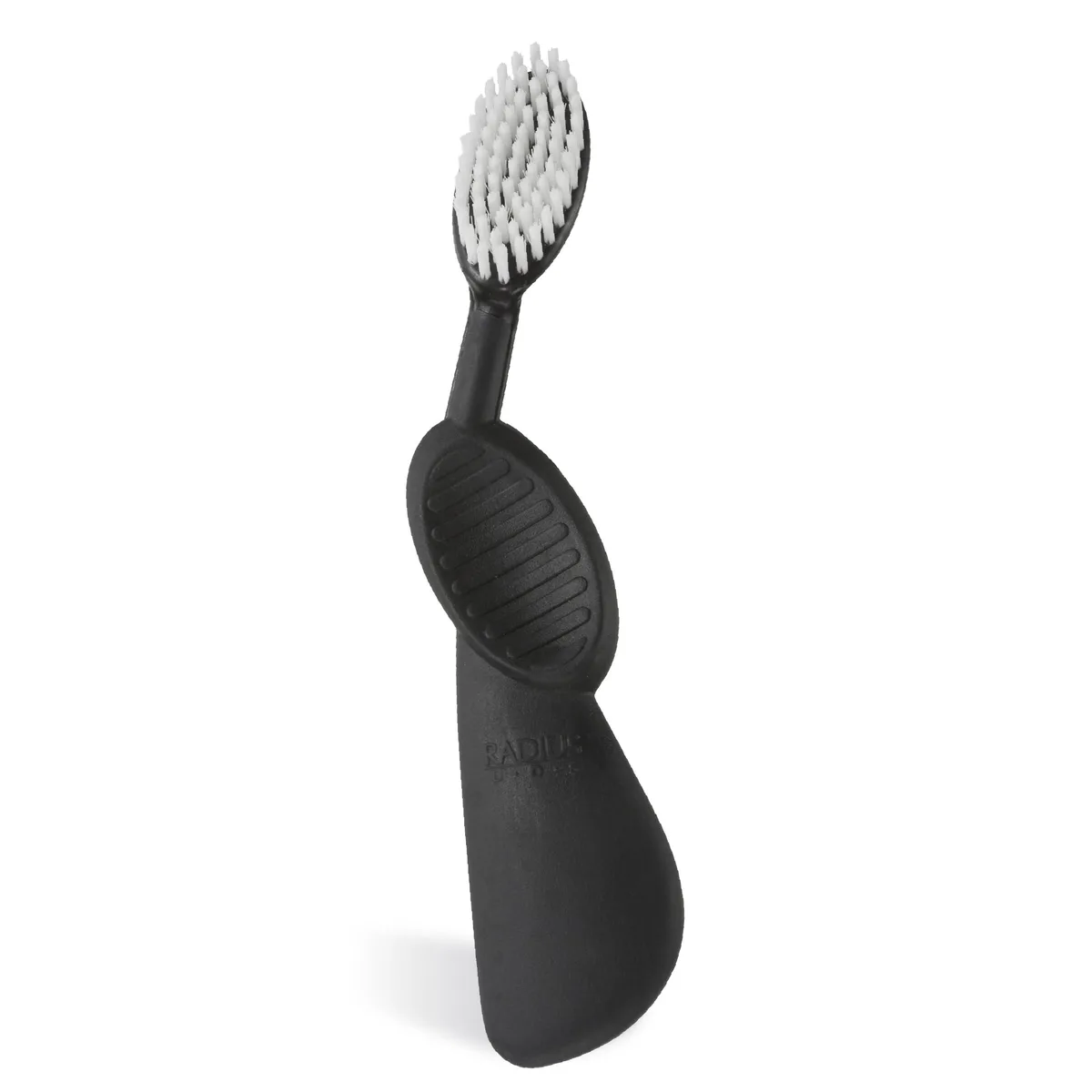 Black manual toothbrush with wide oval head, flexible neck and ergonomic rubber handle for right-handed use