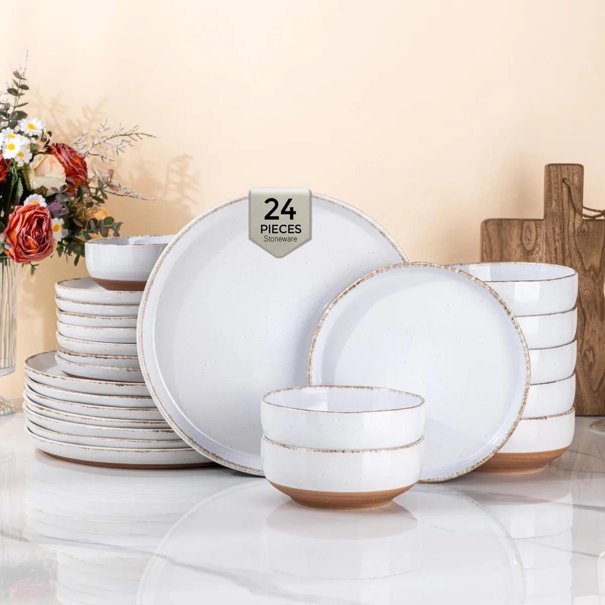 White square stoneware dinnerware set with glossy finish and hand-painted floral design, 24 pieces