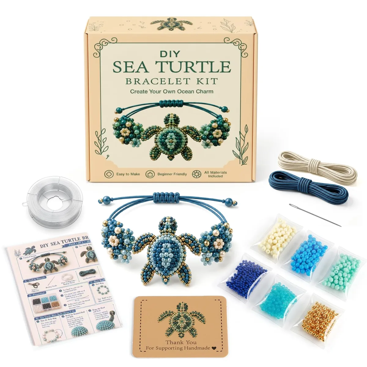 DIY beaded animal kit with sea turtle, hummingbird and octopus beads, elastic cord, needles and thread