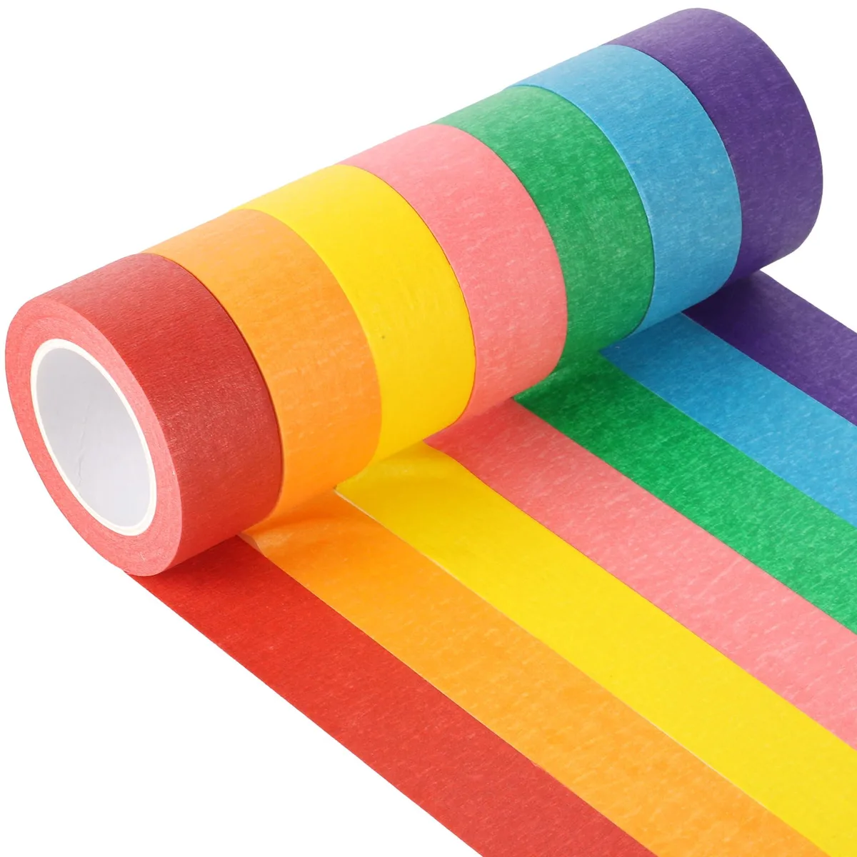 Seven 1-inch masking tape rolls in a clear storage box