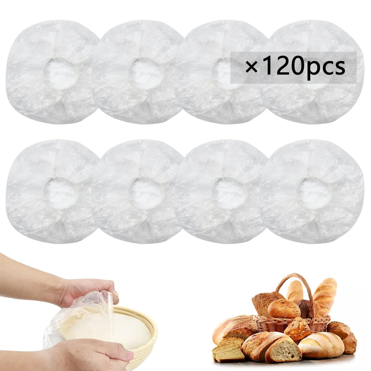 Clear elastic plastic shower caps for bread proofing, 120 pack, stretch to 16.5 inches