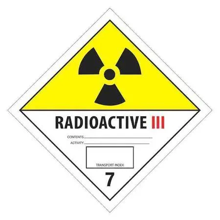 Square yellow label with black radioactive trefoil and white text