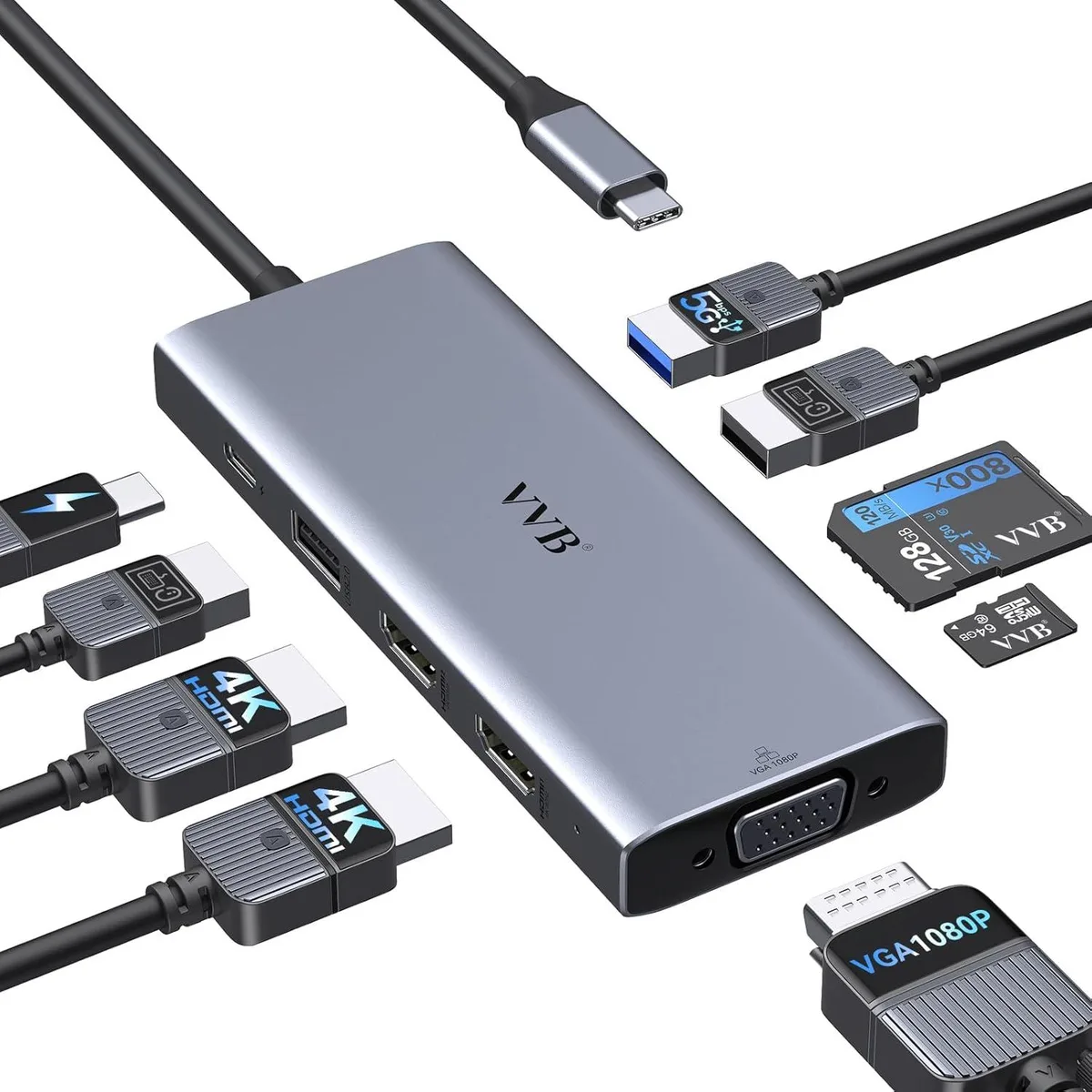BFKK BFKK USB-C Docking Station 3 Monitors 2 HDMI VGA 100W PD 3 USB SD/TF — product photo