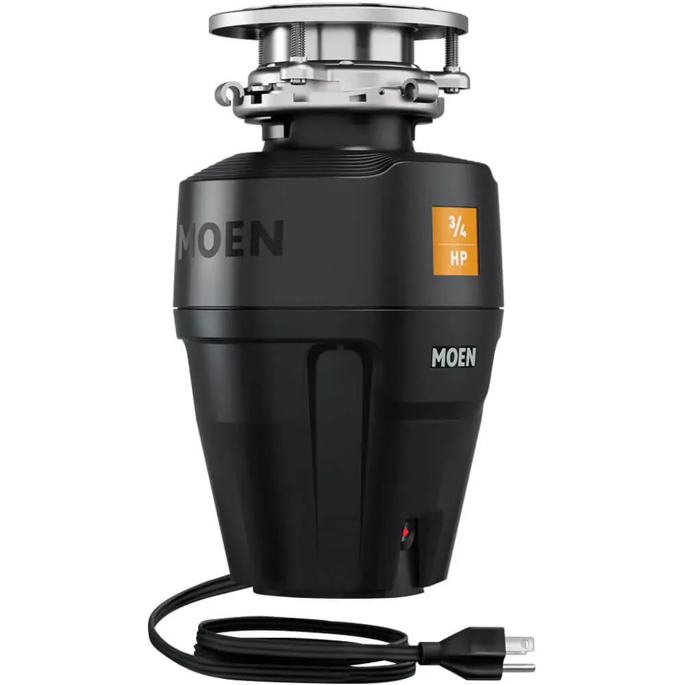 Corded 3/4 HP garbage disposal unit, metallic finish, compact cylindrical shape