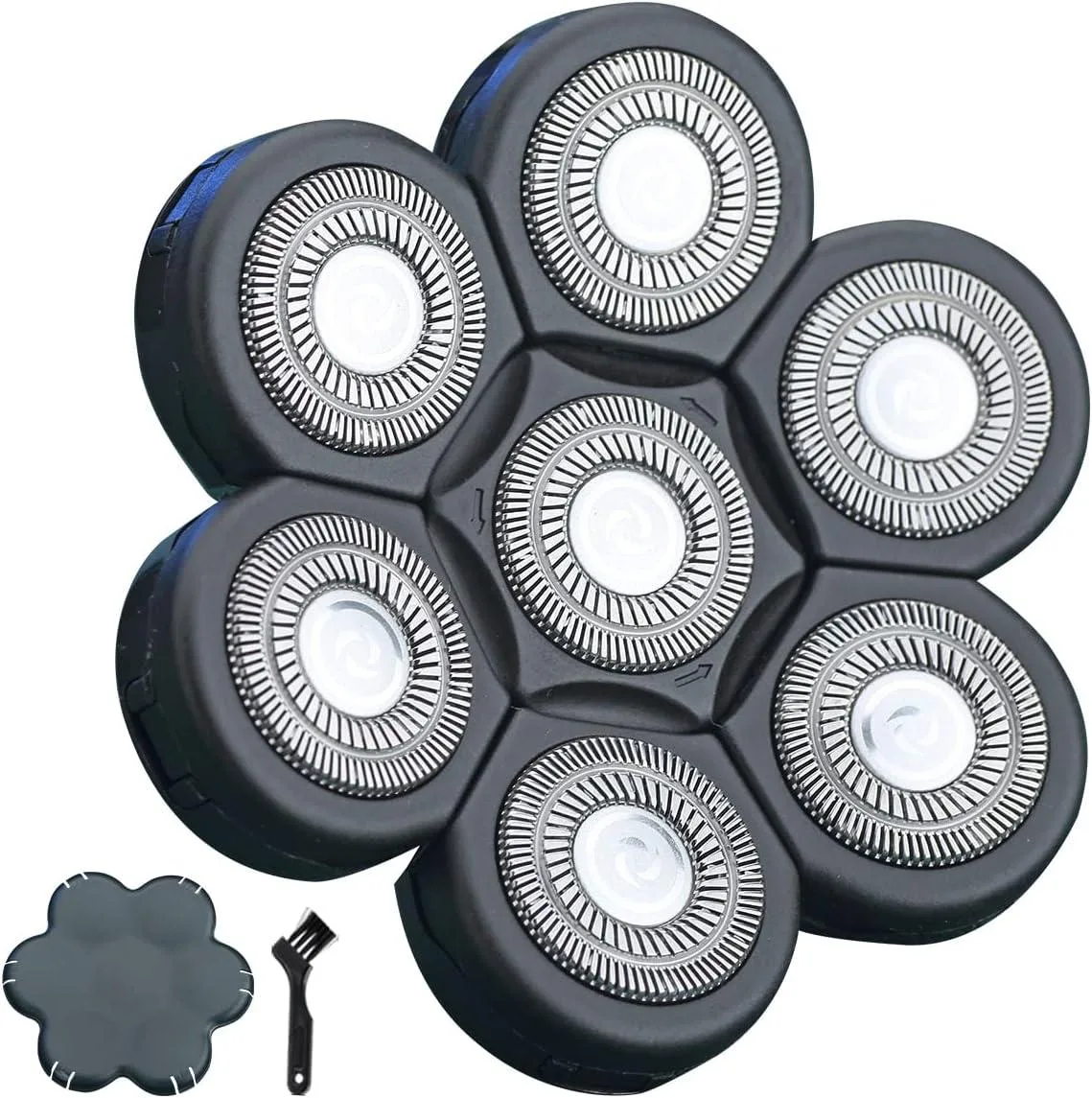 Black circular rotary shaver head with seven floating blades, brush and protective cover