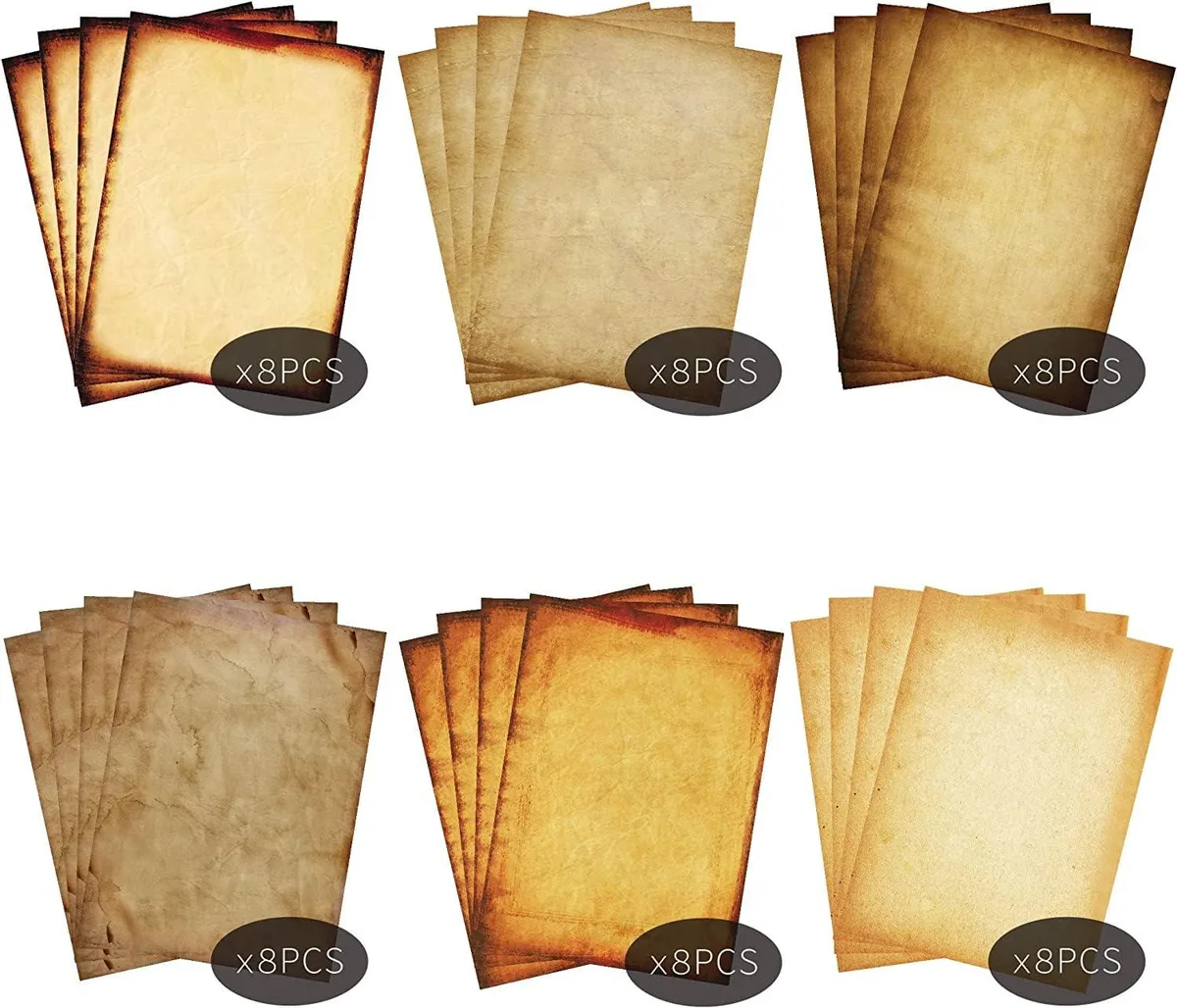 Stack of 48 brown parchment sheets 8.5x11 inches with vintage designs
