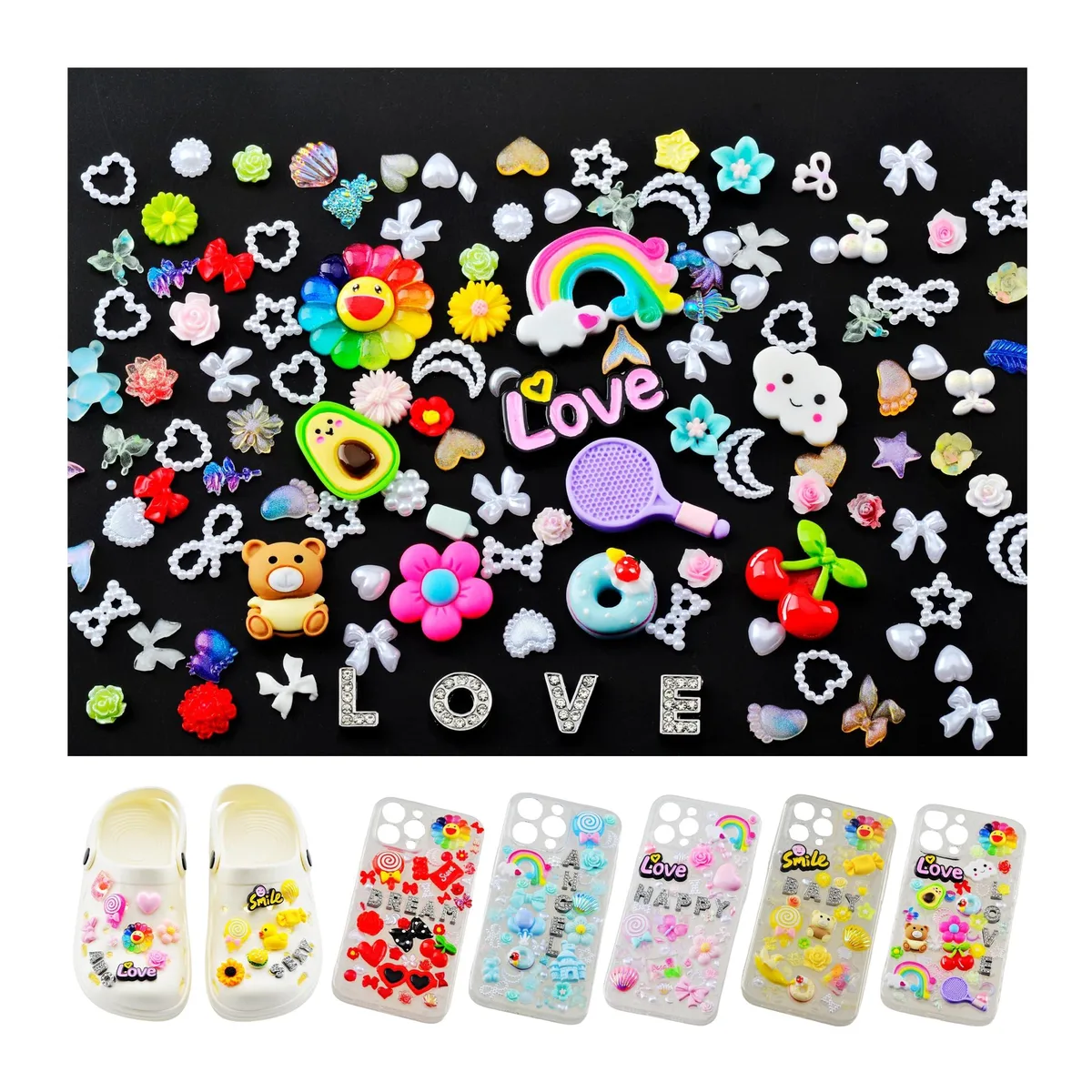 Multicolour resin flat-back charms in assorted cartoon shapes, 50 pieces, 0.068 kg