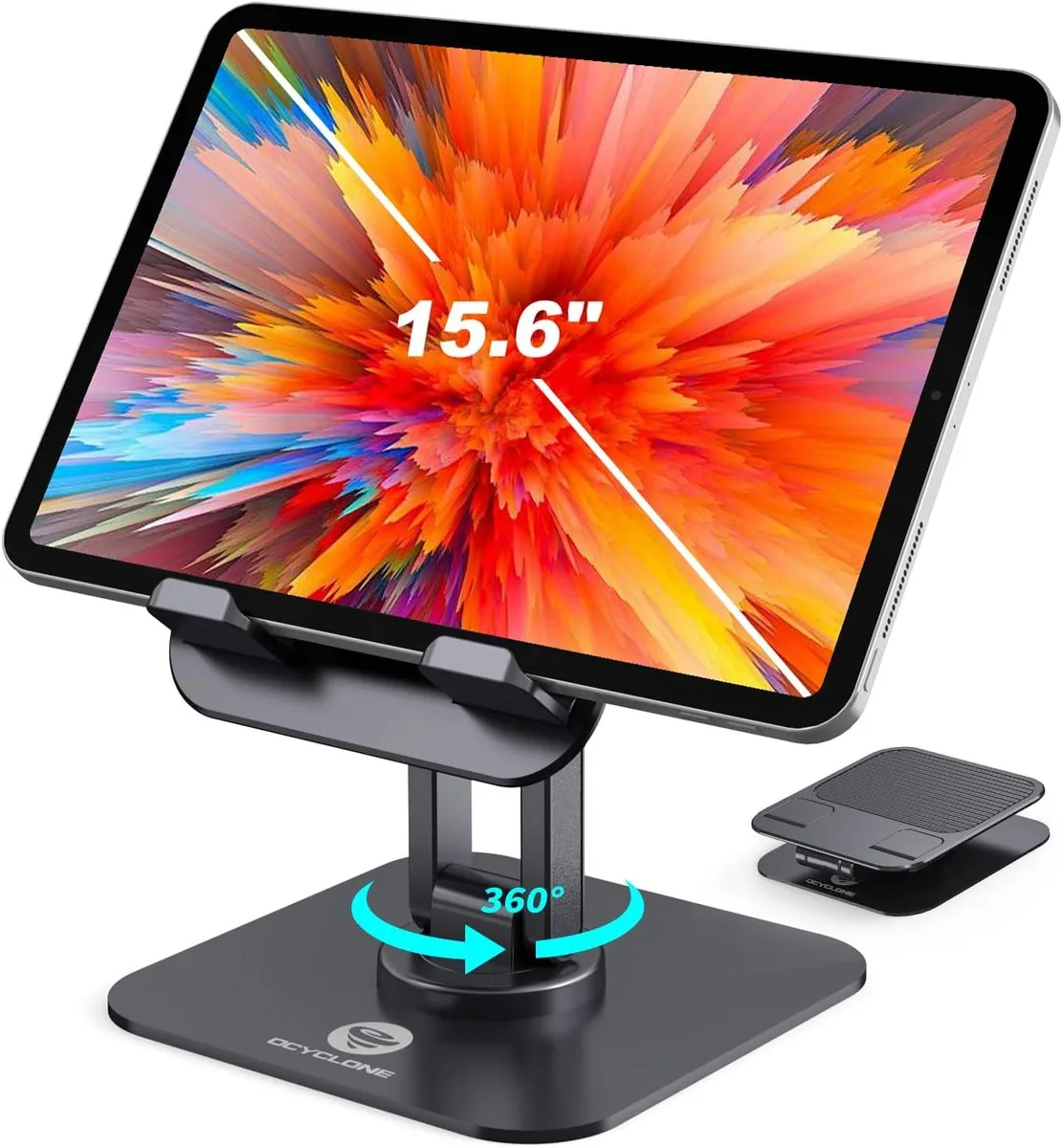 Black foldable tablet stand with 360° rotating base, adjustable arms, metal base and silicone pad, folded size 4.72 x 4.69 x 1.2 inches