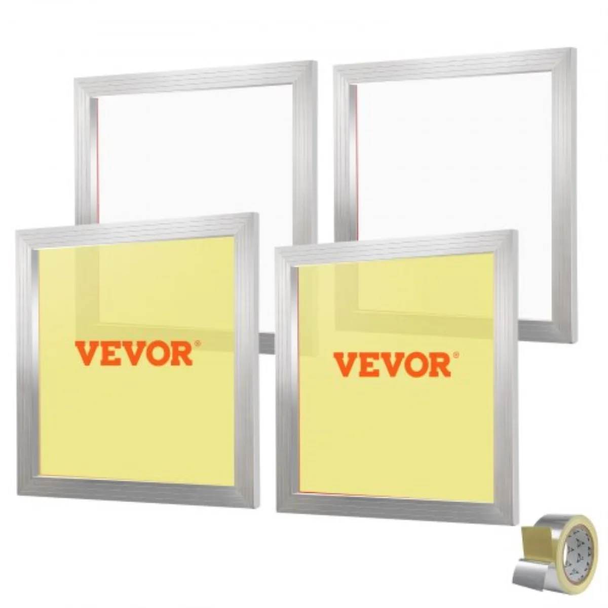 Four square aluminum frames with white mesh and tape roll