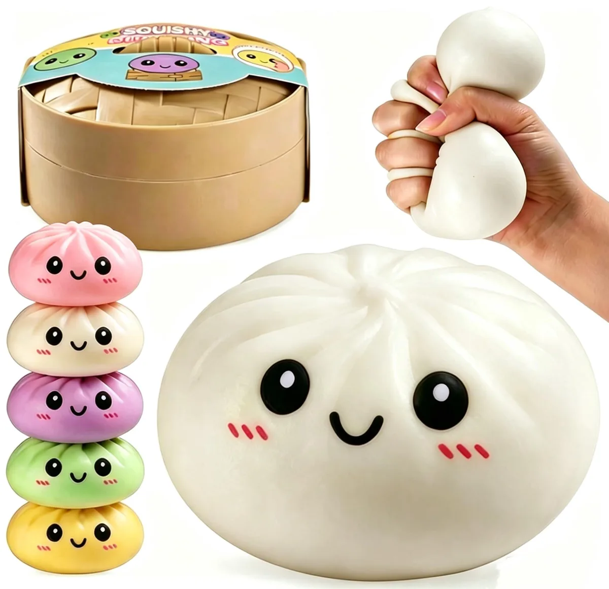White dumpling-shaped squeeze toy with smiley face, soft matte finish, fits in palm