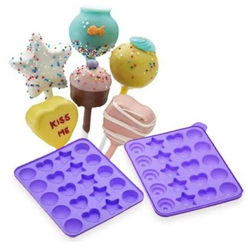 Red silicone baking pan with twenty cavities for cake pops