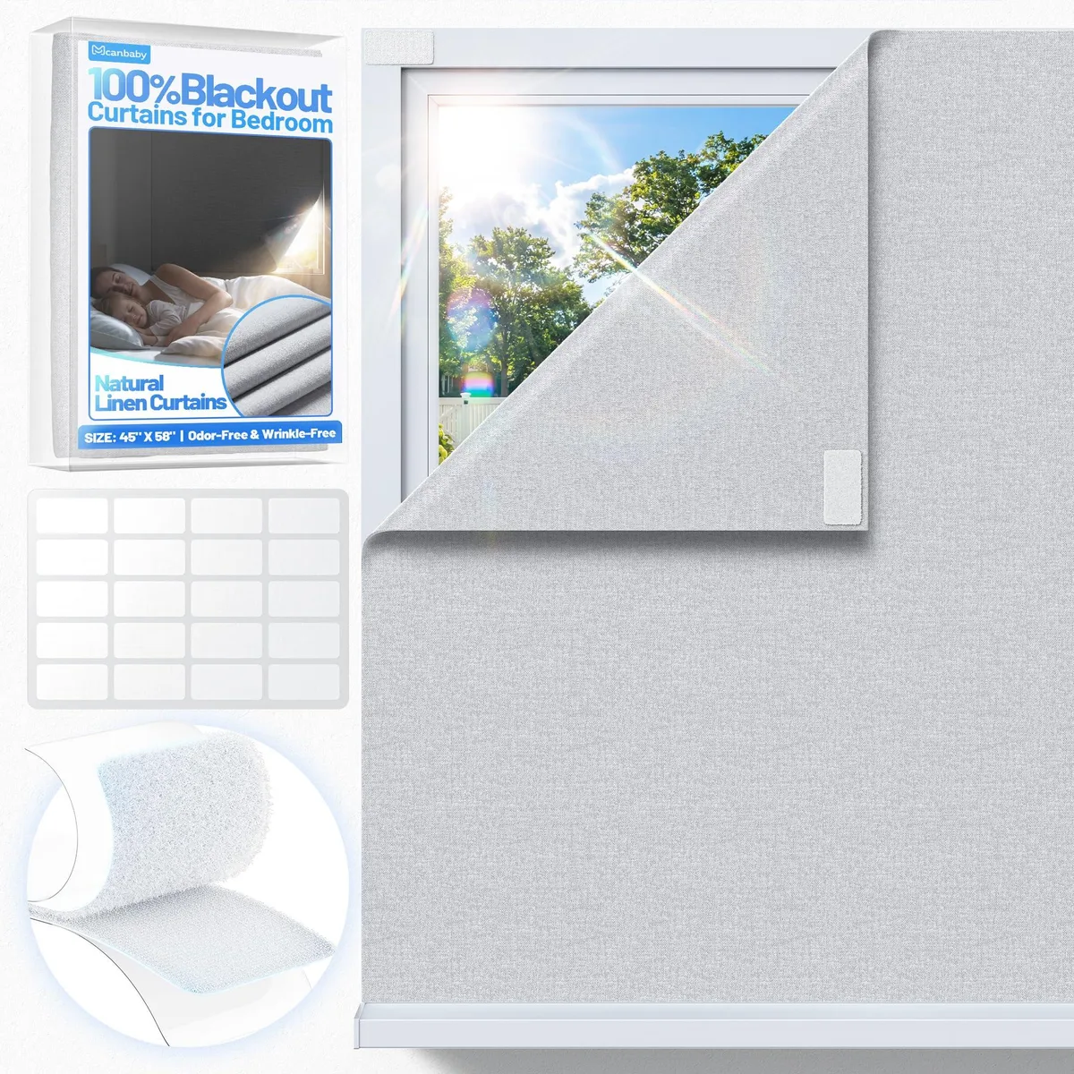 Grey linen-textured blackout window film sheet 58 by 45 inches with hook and loop fasteners