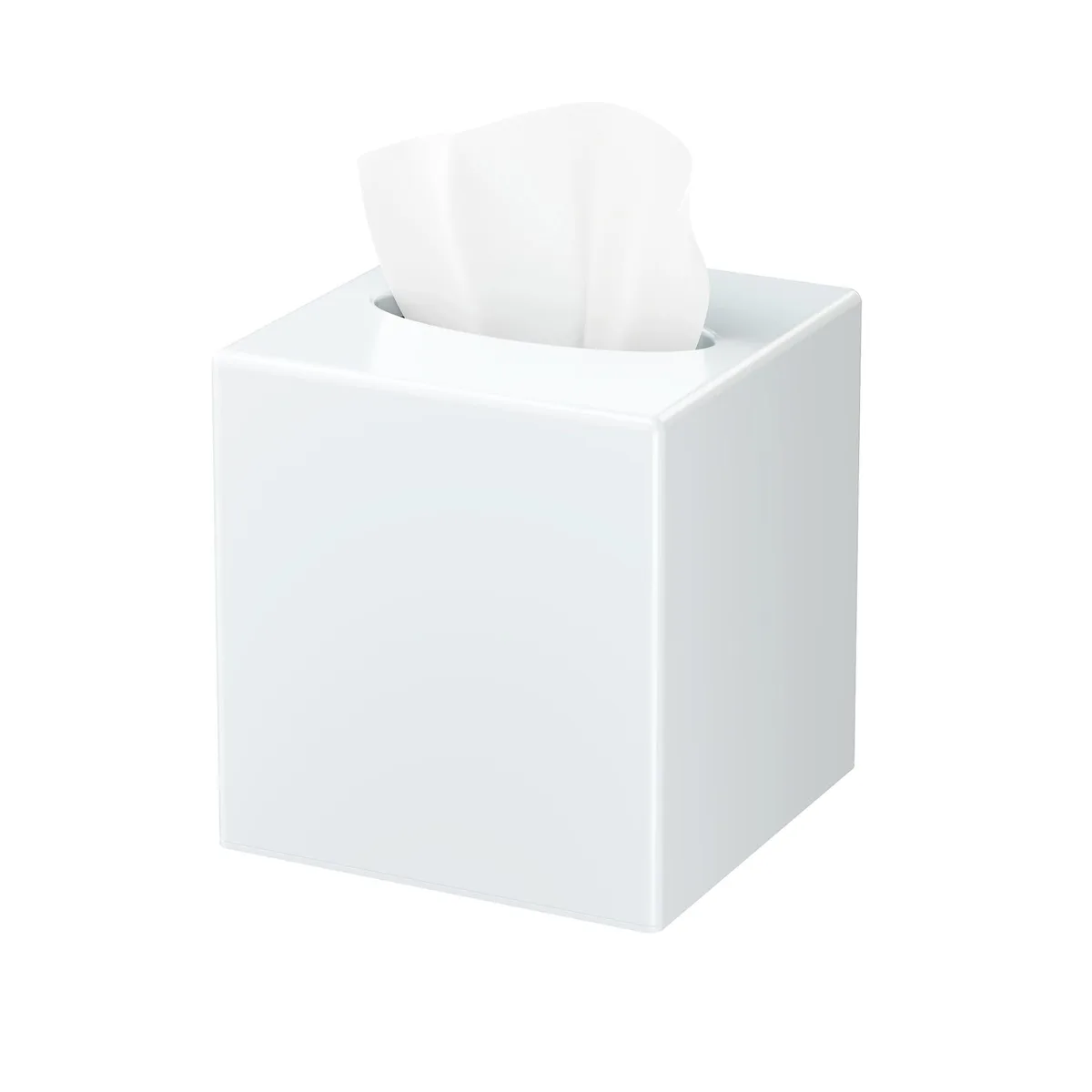 White square plastic tissue box cover with glossy finish and non-slip base