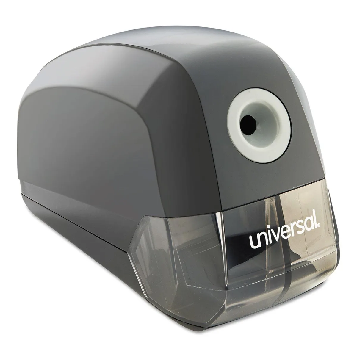 Compact desktop electric pencil sharpener in black and grey alloy steel housing