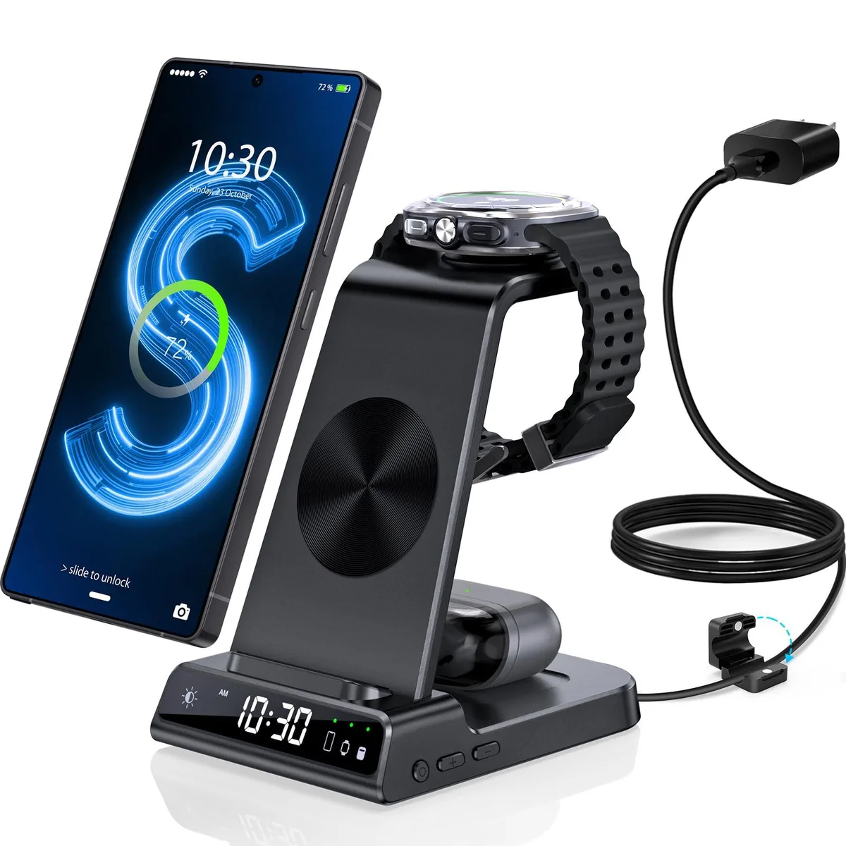ZenGoose 3-in-1 wireless charging stand with digital clock display, matte finish, three charging zones for phone watch and buds