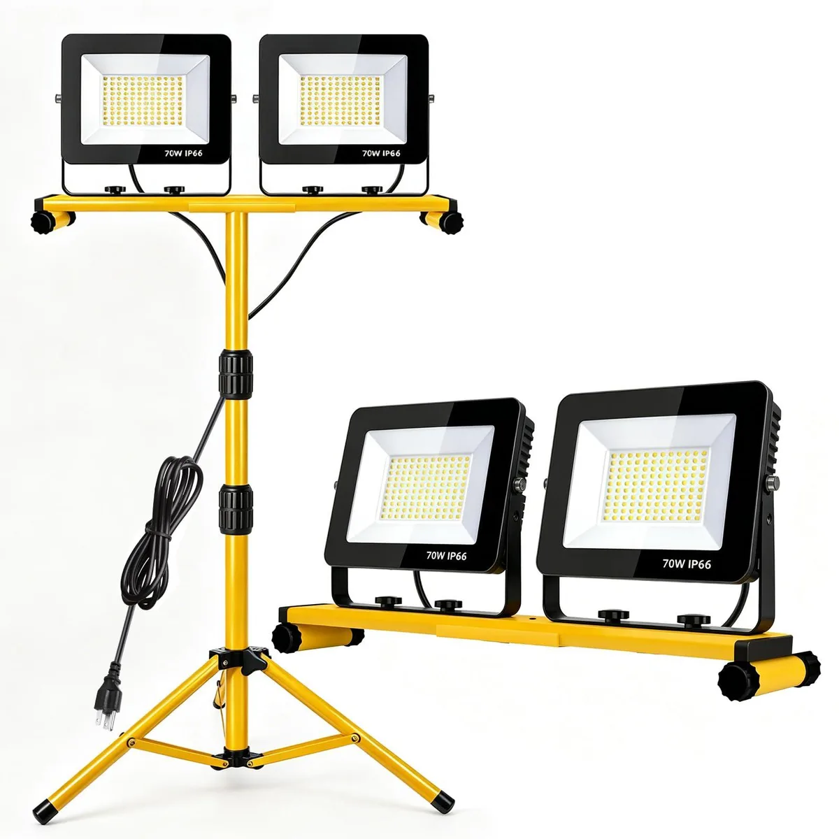 Two-head LED work light on a foldable tripod stand, white acrylic finish
