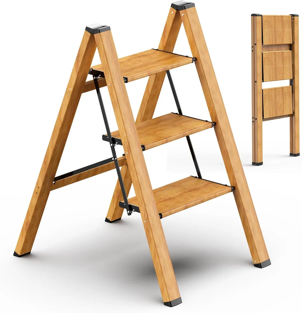 Three-step foldable aluminium ladder with woodgrain finish, wide anti-slip treads and slim folded profile