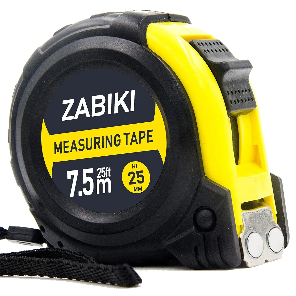 Yellow 25 ft tape measure with rubber casing and magnetic hook