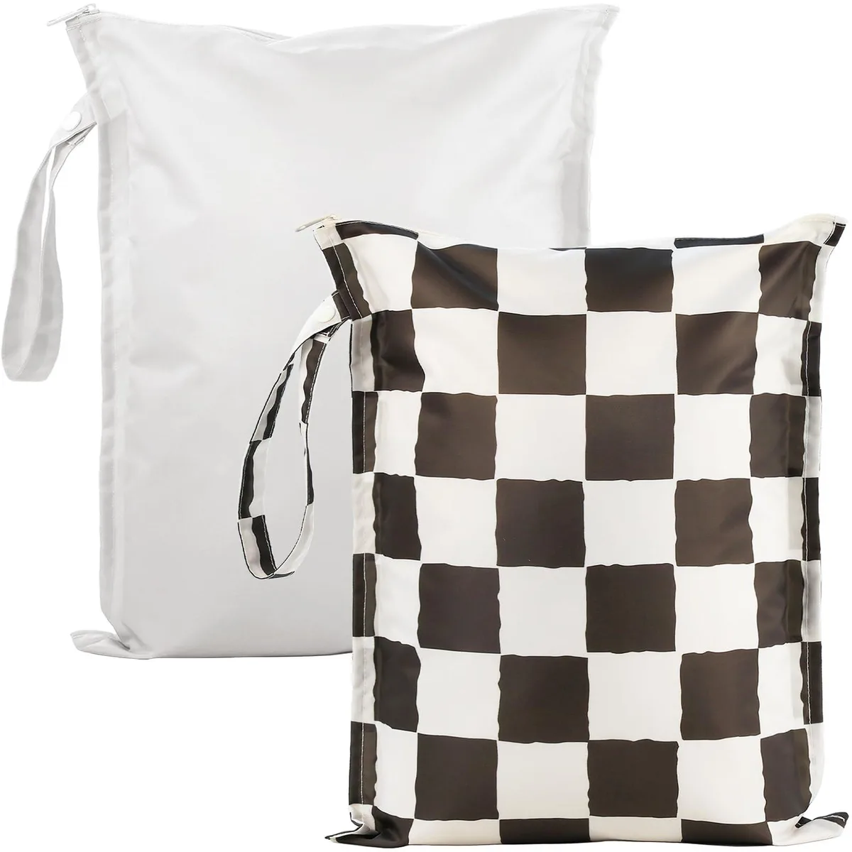 Two checkered polyester wet bags with snap handles and zippers, black and light grey, 11.8 by 14.2 inches