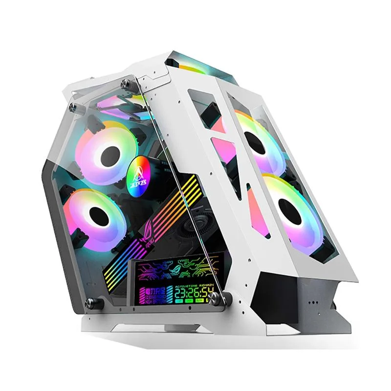 White micro ATX case with irregular open frame and tempered glass side panel