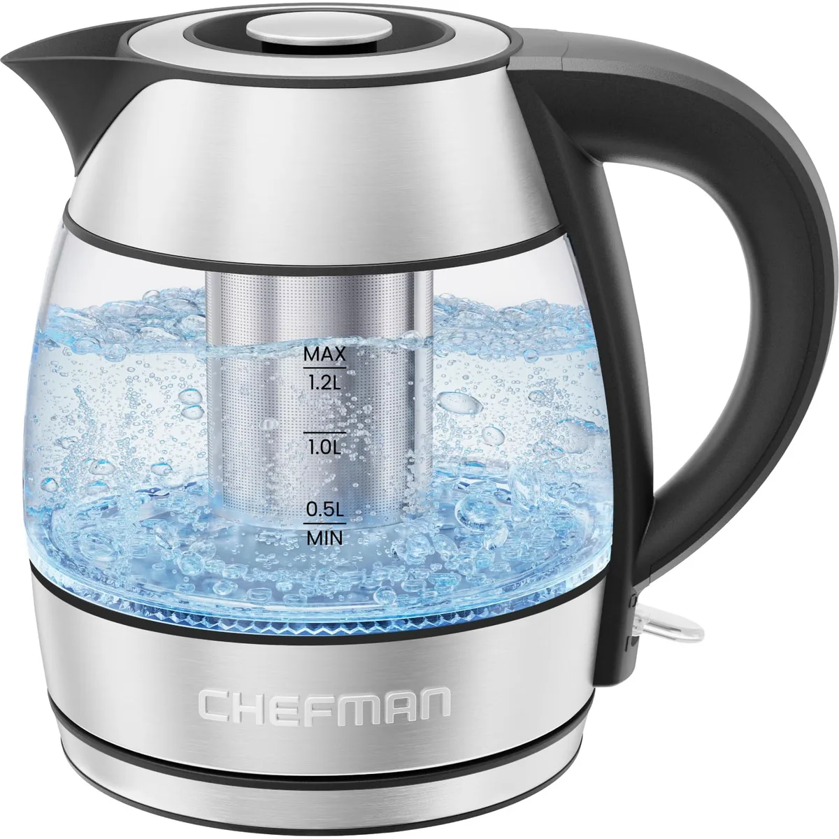  Chefman Rapid-Boil RJ11-12-TI 1.2L Glass Electric Kettle with Tea Infuser — product photo