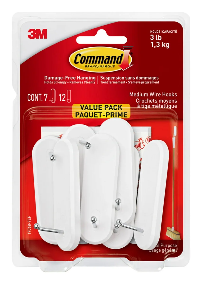 White medium wire hooks value pack with seven hooks and twelve adhesive strips
