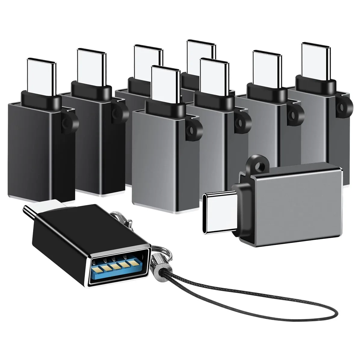 Ten compact USB-C male to USB-A female adapters in grey and black aluminium finish with keychain clips