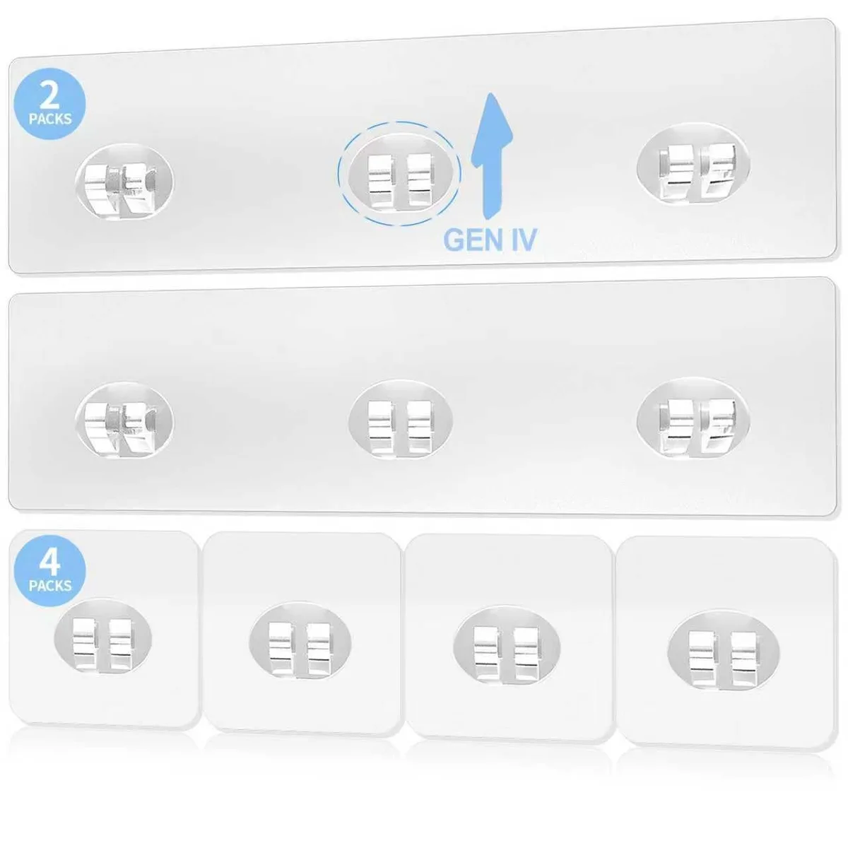 Six transparent adhesive hooks and strips on backing card