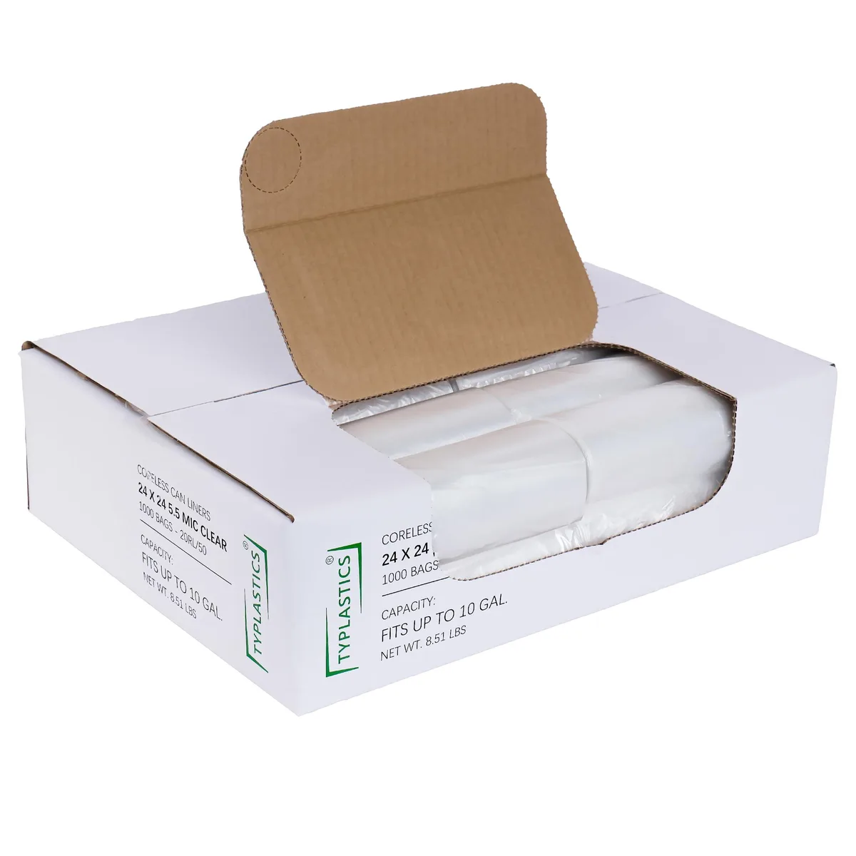White plastic trash bags on perforated coreless rolls in a dispenser box