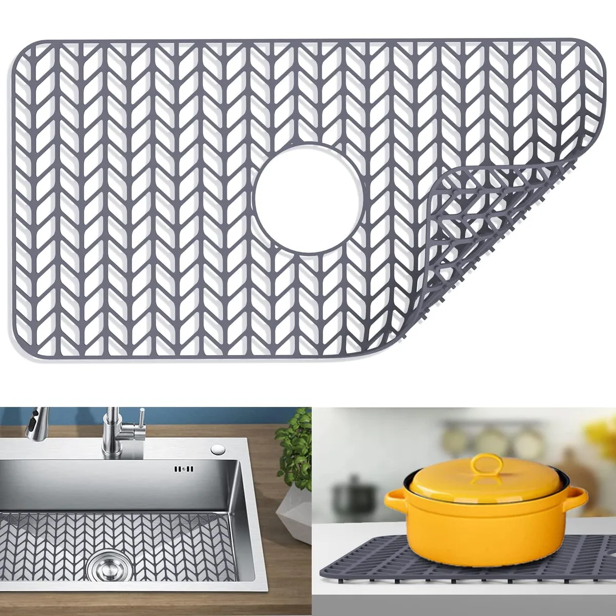Rectangular grey silicone sink mat with centre drain hole and raised feet