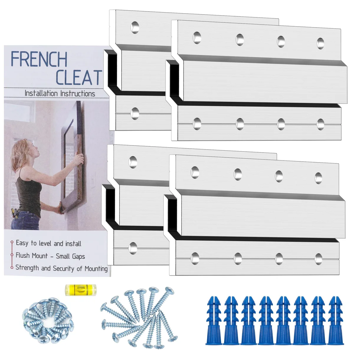 Four silver aluminium French cleat brackets with mounting holes