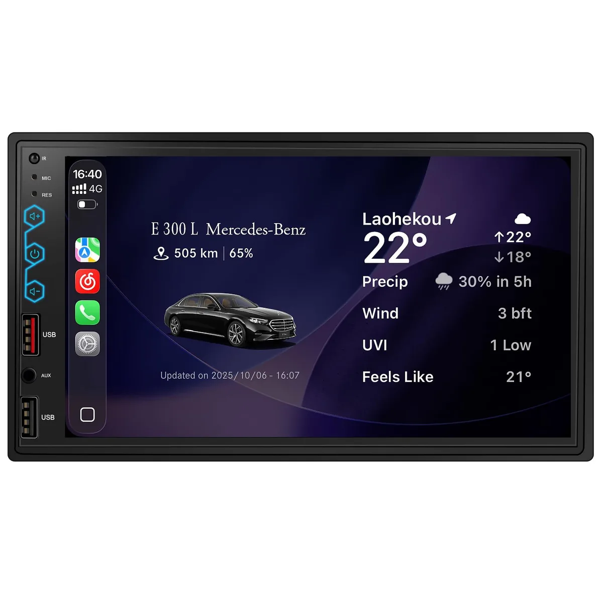 7-inch double-DIN car stereo with glossy black touchscreen and silver trim